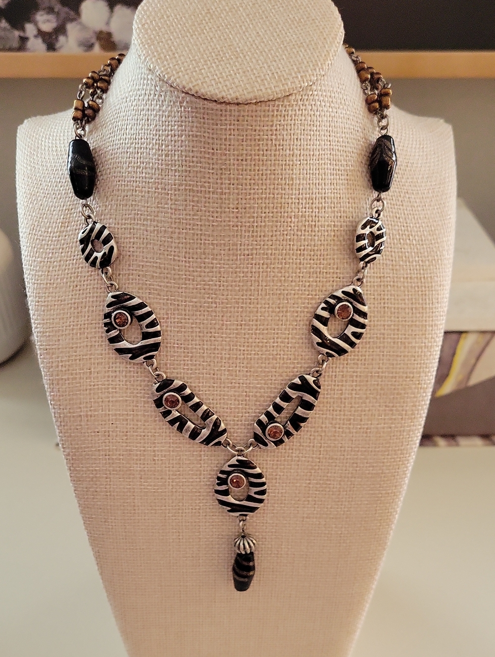 Chico's Black, Brown & Silver Zebra-Pattern Pendant Necklace